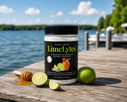 A jar of LimeLytes electrolyte drink mix sits on a weathered wooden dock by the water, with limes, a honey dipper, and a blurred lake-and-boat background.