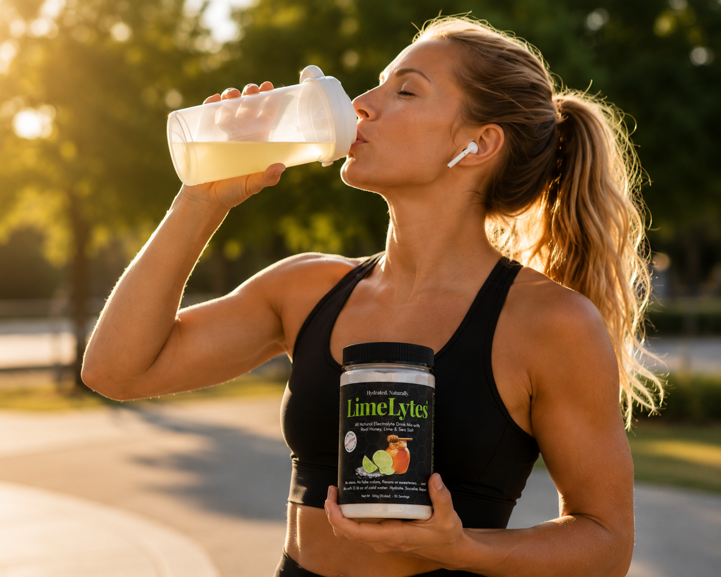 A woman in a black sports bra drinking from a clear plastic bottle while holding a jar of Pure Encapsulations LimeLytes powder in a sunny outdoor park setting.