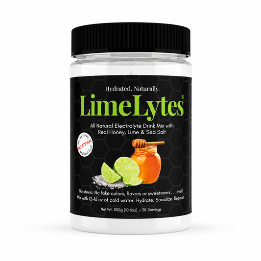 A plastic jar of LimeLytes All Natural Electrolyte Drink Mix with a black lid and a black label featuring lime and honey graphics, on a white background.