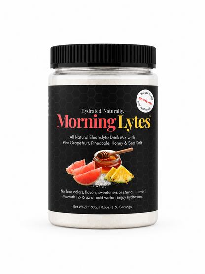 A plastic jar of MorningLytes electrolyte drink mix with a black lid and a black label featuring the brand name in red and yellow, along with illustrations of fruit and honey.