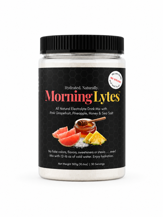 A plastic jar of MorningLytes electrolyte drink mix with a black lid and a black label featuring the brand name in red and yellow, along with illustrations of fruit and honey.