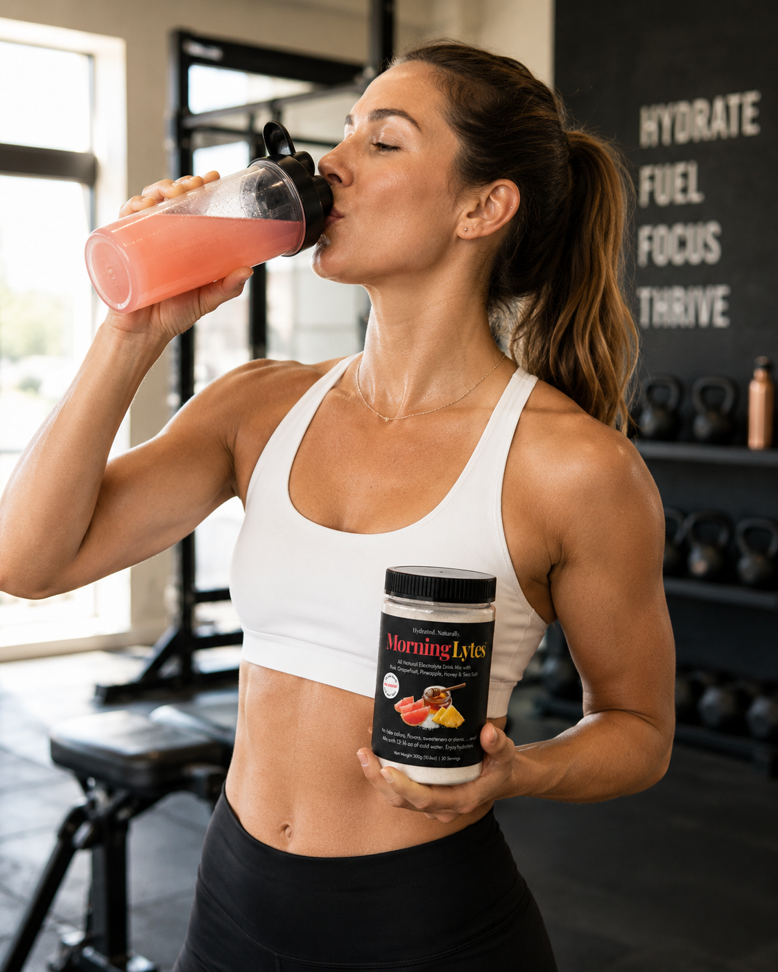 A woman in a white sports bra and black leggings drinks from a pink shaker bottle while holding a jar of MorningLytes electrolyte mix in a gym setting.