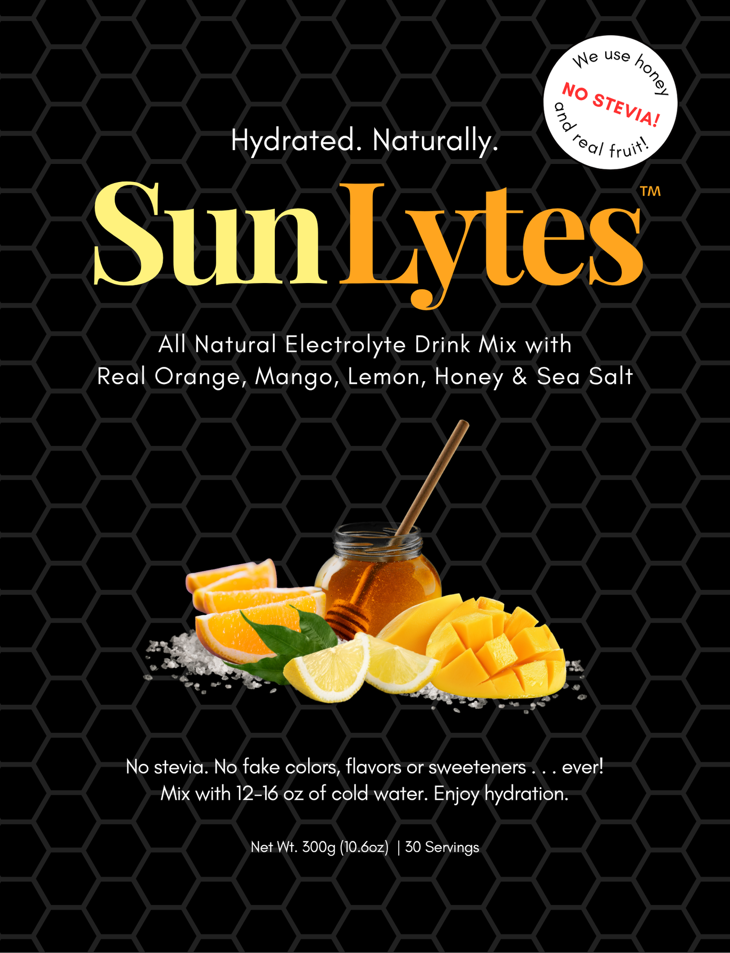 SunLytes all natural electrolyte drink mix packaging with honey, orange, and mango on a black background.