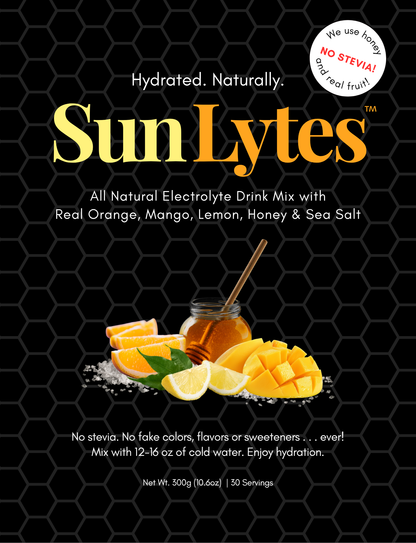 SunLytes all natural electrolyte drink mix packaging with honey, orange, and mango on a black background.