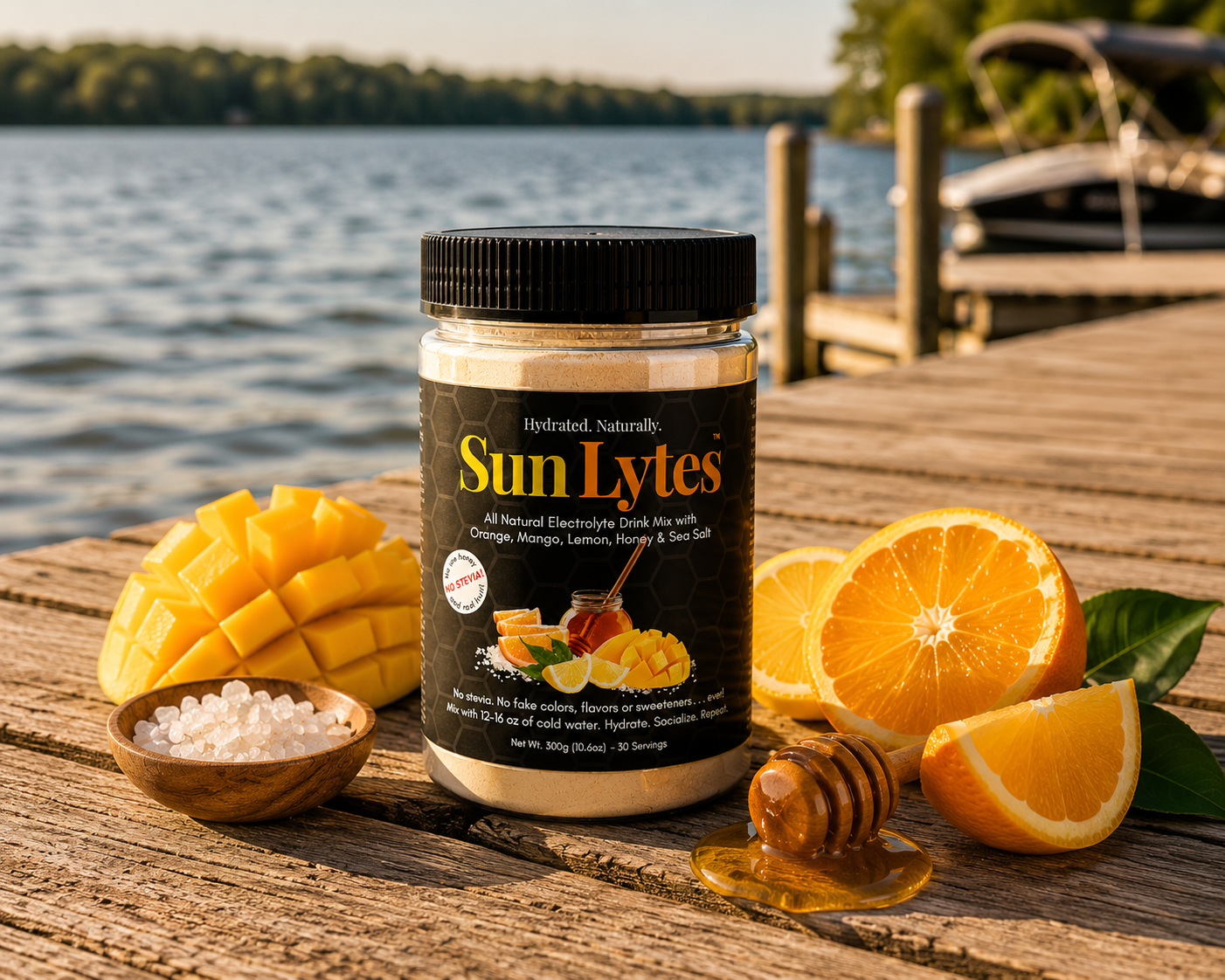 A jar of Hydrated Naturally SunLytes drink mix stands on a wooden dock with a lake and boat in the background. The jar is surrounded by fresh ingredients including sliced mango, orange slices, a small bowl of salt, and honey.