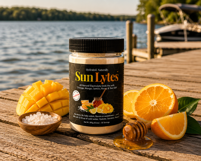 A jar of Hydrated Naturally SunLytes drink mix stands on a wooden dock with a lake and boat in the background. The jar is surrounded by fresh ingredients including sliced mango, orange slices, a small bowl of salt, and honey.