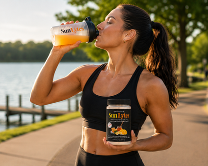A woman outdoors by a lake and boardwalk drinking from a clear shaker bottle labeled Sun Lytes while holding a jar of SunLytes powder in her other hand.