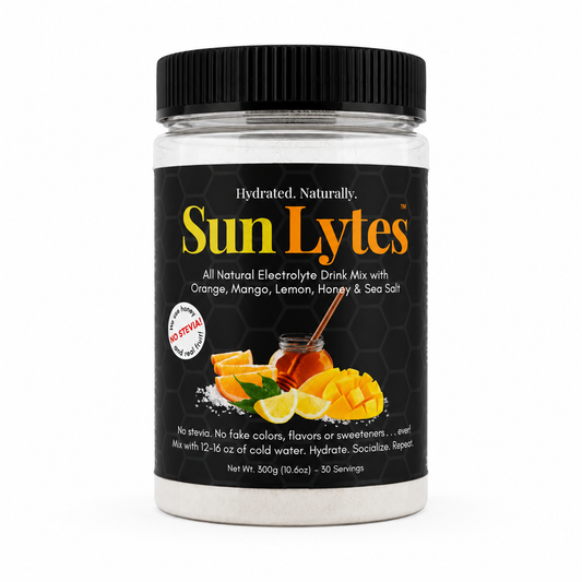 A jar of SunLytes Hydrated Naturally electrolyte drink mix with a black cap and black label, featuring orange and yellow text and fruit illustrations, on a white background.